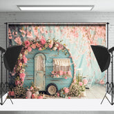 Lofaris Warm Pink Peach Flower Retro Blue RV Spring Backdrop